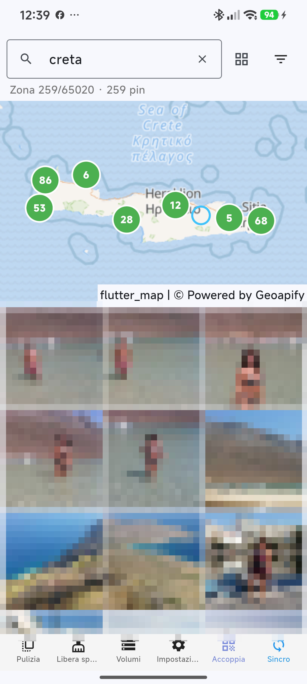Alapacis su Android — ricerca per luogo con mappa e miniature